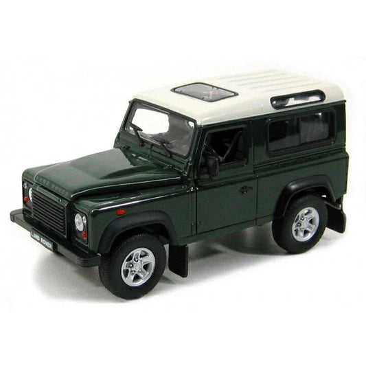 ミニカー ランドローバー ディフェンダー 1 24スケール ダイキャスト 英国製 4WD オフロードモデル クラシックグリーン ホワイトルーフ 精密再現 フロントグリル ヘッドライト バンパー ドアミラー スペアタイヤカバー ドアハンドル