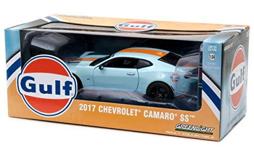 ミニカー 2017 Chevrolet Camaro SS Gulf Racing ダイキャストモデル グリーンライト社 限定版 ガルフレーシング正規ライセンス仕様 青オレンジストライプ 1 24スケール V8エンジン再現 ボンネット開閉タイヤゴム製