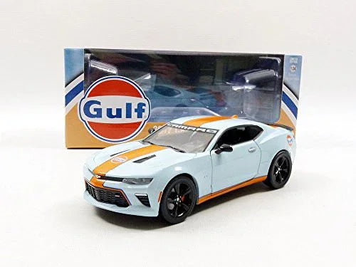 ミニカー 2017 Chevrolet Camaro SS Gulf Racing ダイキャストモデル グリーンライト社 限定版 ガルフレーシング正規ライセンス仕様 青オレンジストライプ 1 24スケール V8エンジン再現 ボンネット開閉タイヤゴム製