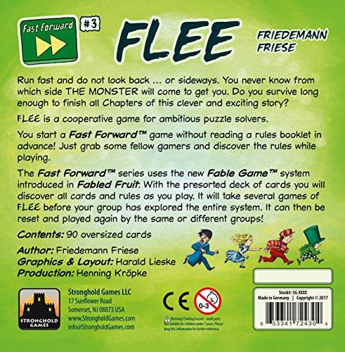 協力型カードゲーム Fast Forward FLEE 脱出カードゲーム Friedemann Friese 知恵を絞るパズルストーリー性プレイ人数1ー4人12歳以上75ー90分簡単ルール自然理解章立て進行モンスター逃避緊張感一体感 