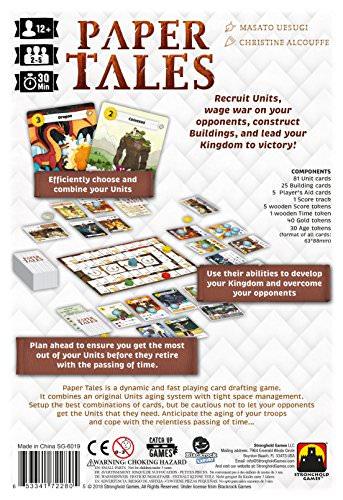 ボードゲーム Paper Tales 紡ぎ出される王国の物語 Stronghold Games 英語版 経年変化システム 採用キャラクター多彩な戦術 伝説ポイント獲得 プレイ人数二から五人 時間十五から三十分 対象十二歳以上 