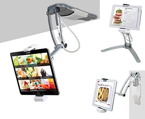 キッチン 多機能2-in-1キッチンタブレットスタンド CTA Digital 幅6インチから8.75インチ対応 壁掛けと卓上両用 アルミニウム製 軽量 耐久性優れ コンパクト収納 360度回転ヘッドピース 調整可能設置場所選ばず 動画視聴 レシピ閲覧