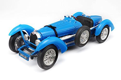 モデルカー ブガッティ タイプ59 1 18スケール ダイキャスト レーシングカー ブルー ボディカラー 独特 ボディデザイン ロングノーズ ショートデッキ ワイヤースポークホイール レザーストラップ 精巧 コクピット 計器類 ステアリング ホイール