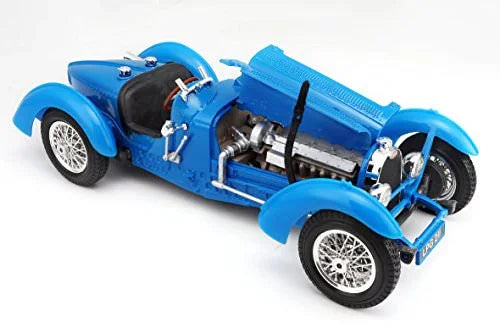 モデルカー ブガッティ タイプ59 1 18スケール ダイキャスト レーシングカー ブルー ボディカラー 独特 ボディデザイン ロングノーズ ショートデッキ ワイヤースポークホイール レザーストラップ 精巧 コクピット 計器類 ステアリング ホイール