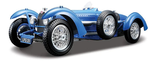 アウトレット品 モデルカー ブガッティ タイプ59 1 18スケール ダイキャスト レーシングカー ブルー ボディカラー 独特 ボディデザイン ロングノーズ ショートデッキ ワイヤースポークホイール レザーストラップ 精巧 コクピット 計器類