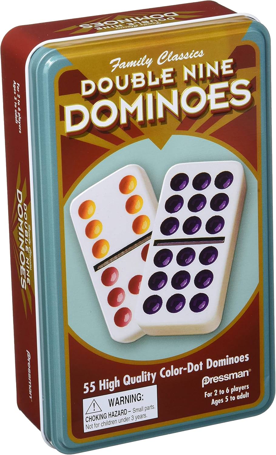 ドミノゲーム Pressman Toy Double Nine Dominoes ジャンボサイズ クリスタライン 55個 高品質 タイル素材 2人から7人 5歳以上 メキシカントレイン 鮮やか色ドット ヴィンテージ缶ケース