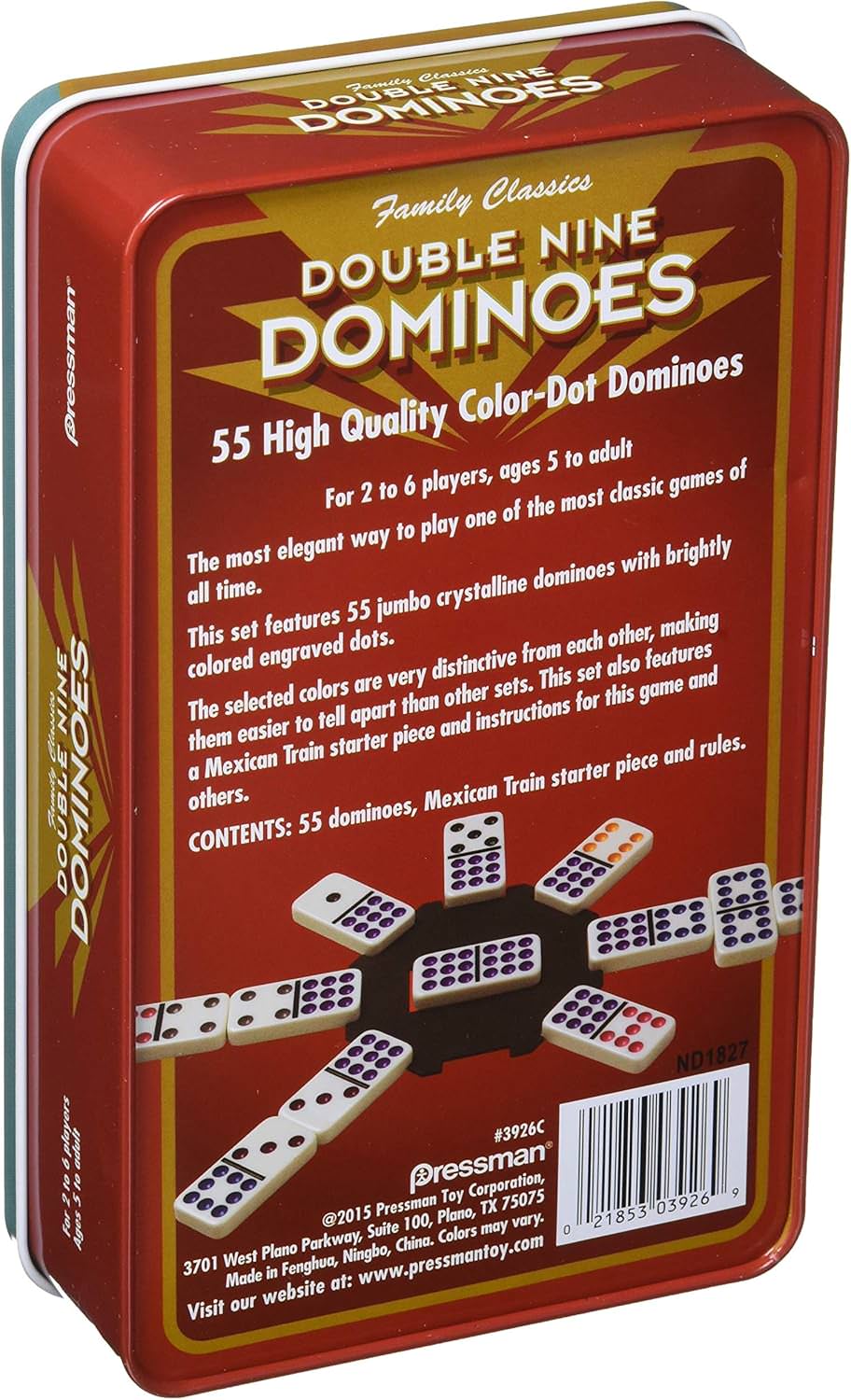 ドミノゲーム Pressman Toy Double Nine Dominoes ジャンボサイズ クリスタライン 55個 高品質 タイル素材 2人から7人 5歳以上 メキシカントレイン 鮮やか色ドット ヴィンテージ缶ケース