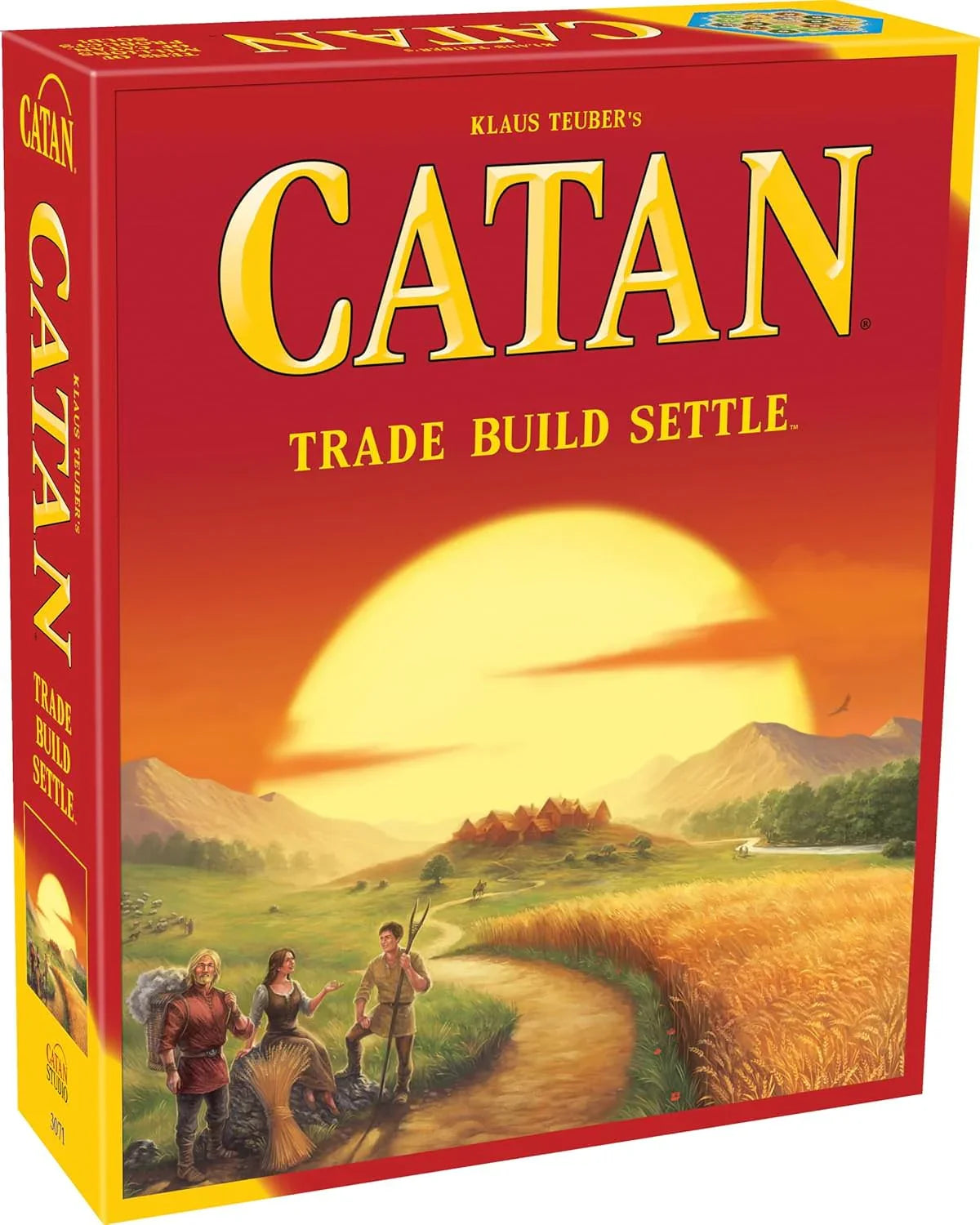 ボードゲーム CATAN基本セット CATAN 戦略性 高い 可変式 ゲームボード 六角形 地形タイル 木材 レンガ 羊毛 麦 鉱石 資源 取引 交渉 3-4人用 プレイ時間60-90分 対象年齢10歳以上 海岸フレームピース 港ピース 木製開拓地