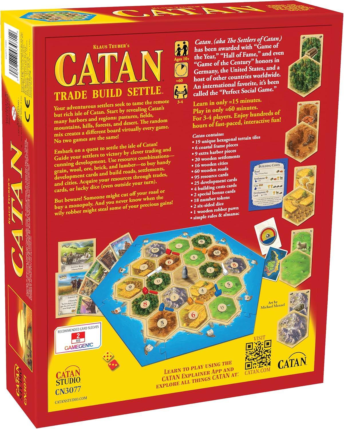 ボードゲーム CATAN基本セット CATAN 戦略性 高い 可変式 ゲームボード 六角形 地形タイル 木材 レンガ 羊毛 麦 鉱石 資源 取引 交渉 3-4人用 プレイ時間60-90分 対象年齢10歳以上 海岸フレームピース 港ピース 木製開拓地