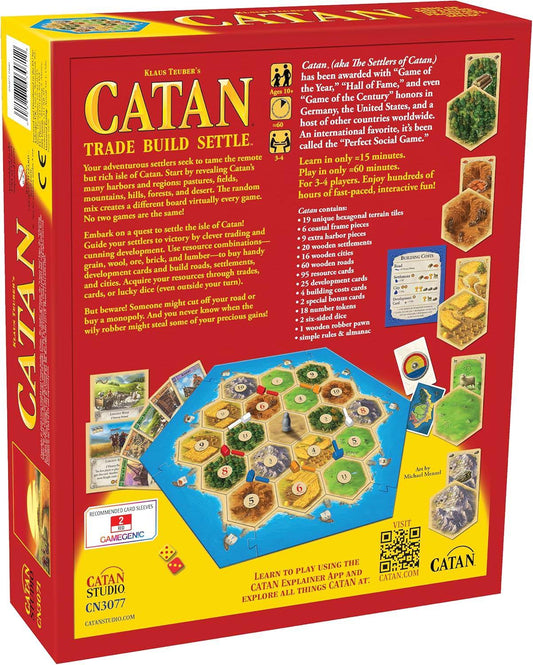 ボードゲーム CATAN基本セット CATAN 戦略性 高い 可変式 ゲームボード 六角形 地形タイル 木材 レンガ 羊毛 麦 鉱石 資源 取引 交渉 3-4人用 プレイ時間60-90分 対象年齢10歳以上 海岸フレームピース 港ピース 木製開拓地