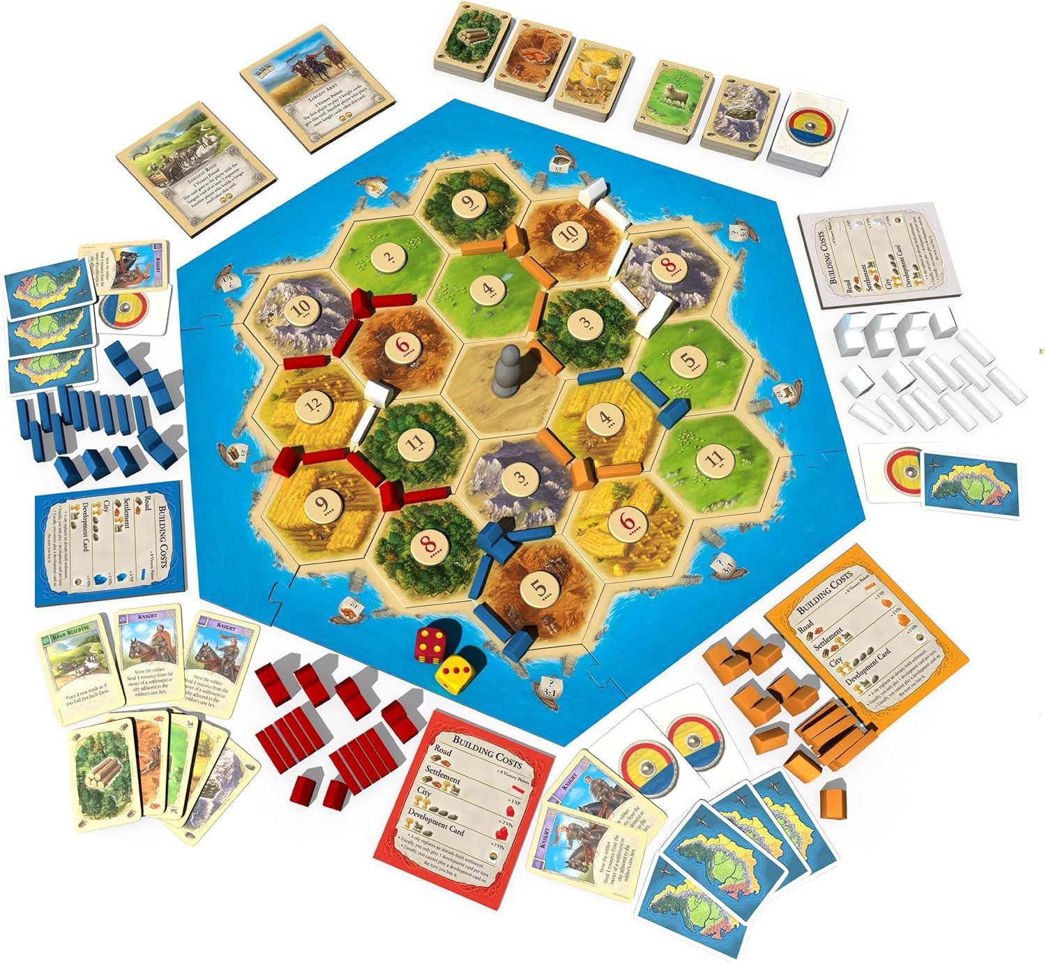 ボードゲーム CATAN基本セット CATAN 戦略性 高い 可変式 ゲームボード 六角形 地形タイル 木材 レンガ 羊毛 麦 鉱石 資源 取引 交渉 3-4人用 プレイ時間60-90分 対象年齢10歳以上 海岸フレームピース 港ピース 木製開拓地