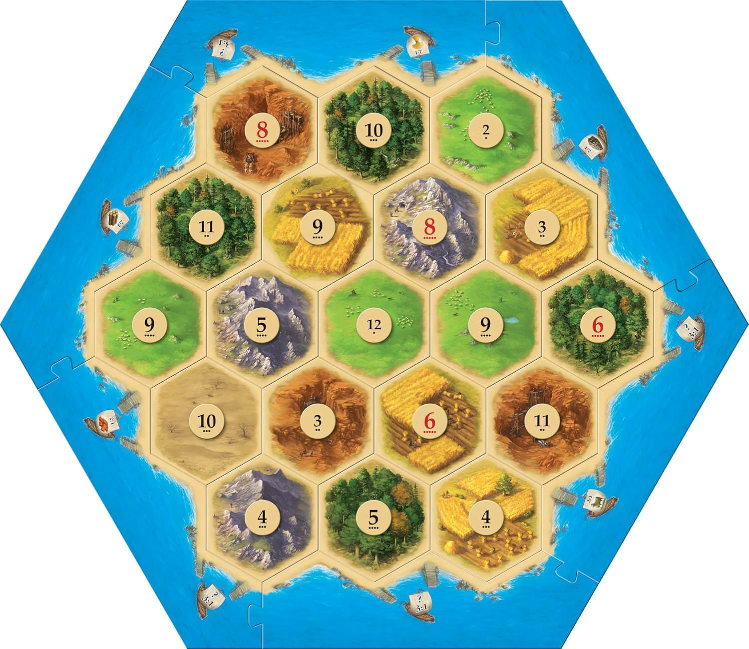 ボードゲーム CATAN基本セット CATAN 戦略性 高い 可変式 ゲームボード 六角形 地形タイル 木材 レンガ 羊毛 麦 鉱石 資源 取引 交渉 3-4人用 プレイ時間60-90分 対象年齢10歳以上 海岸フレームピース 港ピース 木製開拓地