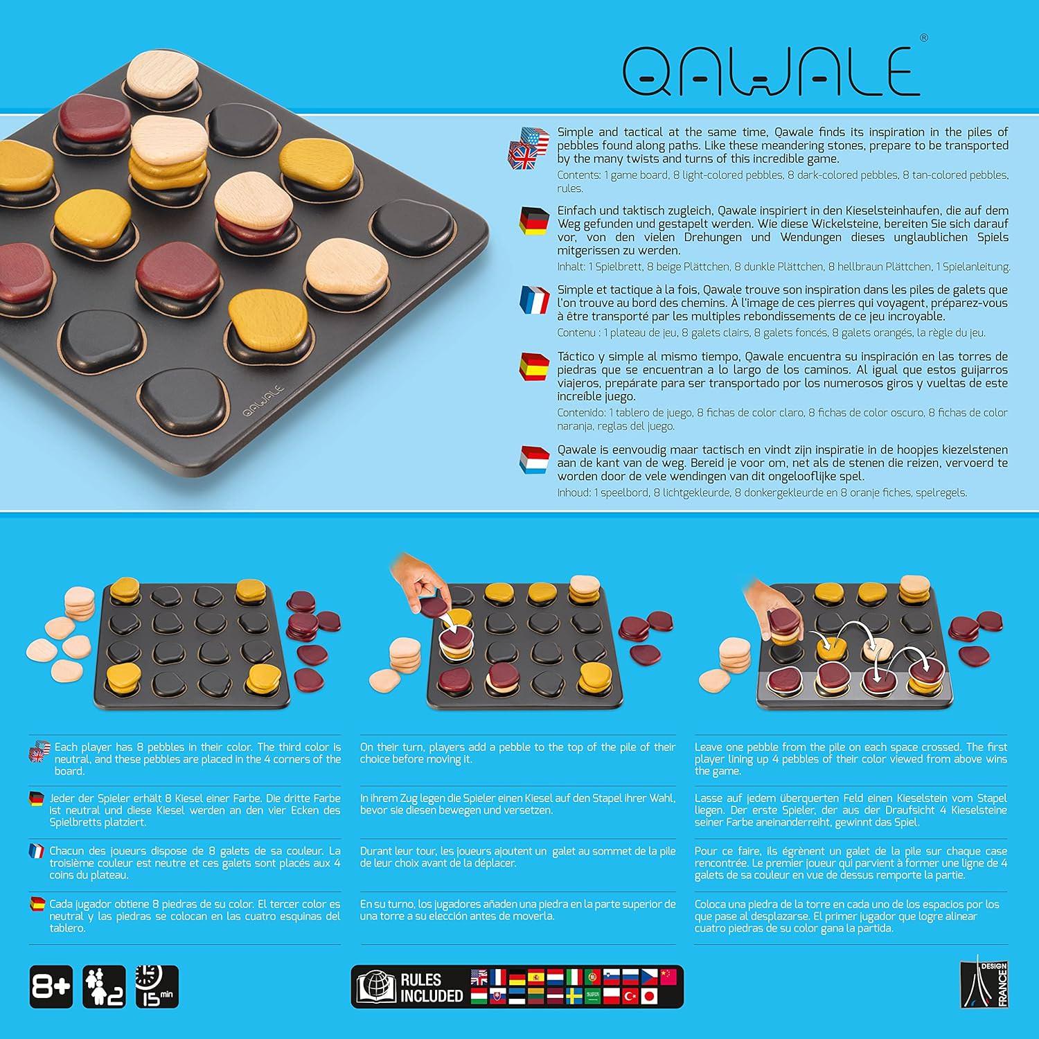 ボードゲーム Qawale Gigamic 身近な石の積み重ね着想 26×26cm木製ボード コンパクト高さ活かした戦略性 8歳以上短時間プレイ 気軽に始める対戦セット 8個小石ピース使用 奥深い連結パターン思考 