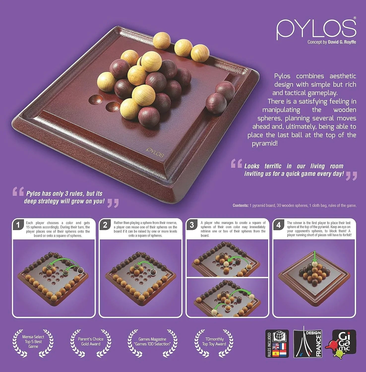 ボードゲーム Pylos Gigamic 木製ボード 立体ピラミッド構造 30個ボール 4×4 16窪み 簡単ルール 戦略的頭脳戦 ボール節約 戦略多彩 アドバンスドルール搭載 子供初心者対応 短時間ゲーム 世界評価受賞 上質デザイン 英語版 日本語説明書なし