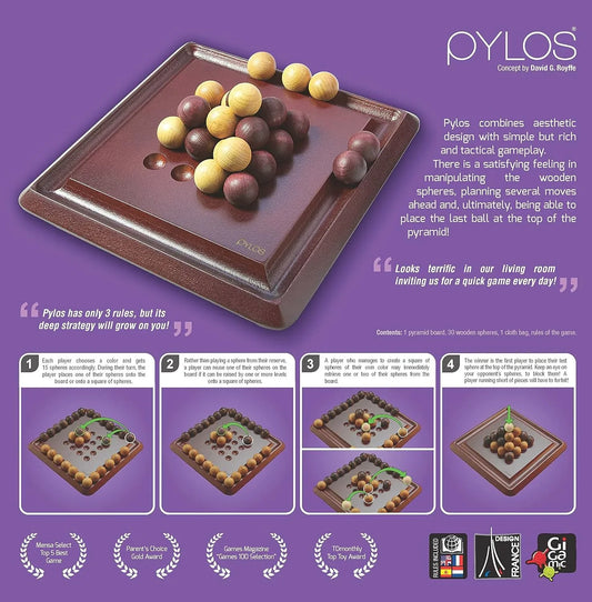 ボードゲーム Pylos Gigamic 木製ボード 立体ピラミッド構造 30個ボール 4×4 16窪み 簡単ルール 戦略的頭脳戦 ボール節約 戦略多彩 アドバンスドルール搭載 子供初心者対応 短時間ゲーム 世界評価受賞 上質デザイン 英語版 日本語説明書なし