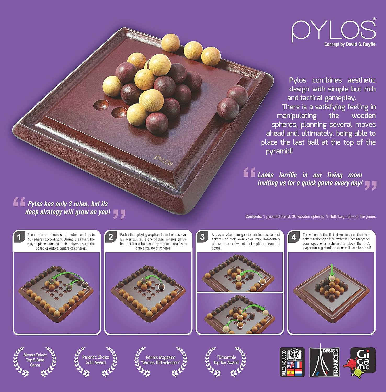 ボードゲーム Pylos Gigamic 木製ボード 立体ピラミッド構造 30個ボール 4×4 16窪み 簡単ルール 戦略的頭脳戦 ボール節約 戦略多彩 アドバンスドルール搭載 子供初心者対応 短時間ゲーム 世界評価受賞 上質デザイン