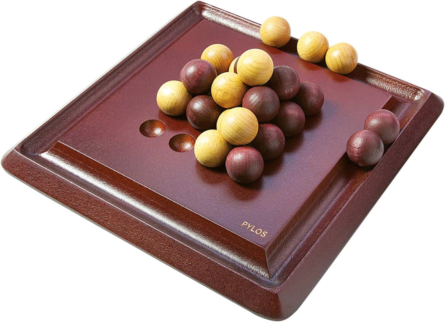 ボードゲーム Pylos Gigamic 木製ボード 立体ピラミッド構造 30個ボール 4×4 16窪み 簡単ルール 戦略的頭脳戦 ボール節約 戦略多彩 アドバンスドルール搭載 子供初心者対応 短時間ゲーム 世界評価受賞 上質デザイン