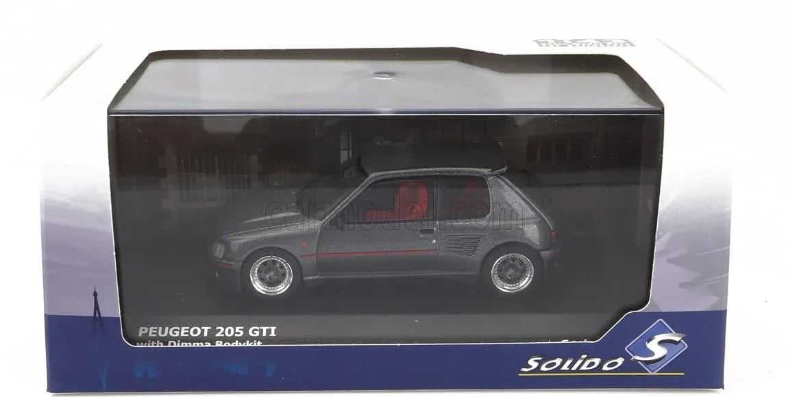ミニカー プジョー 205 GTi DIMMA BODY KIT 1988年モデル ソリド 1/43スケール 精密再現 ワイドアグレッシブボディ 大型リアウイング 特徴的フロントバンパー チューニングカー文化象徴 限定希少モデル 80年代ホットハッチ 熱狂的ファン必須