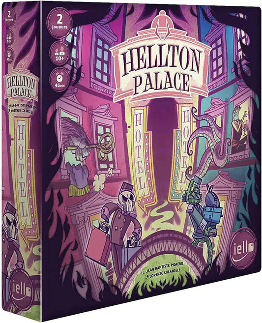 ボードゲーム Hellton Palace ヘルトンホテル ベルホップ管理 ゲスト満足度 戦略的 二人用 ゲーム 冥界テーマ 最後に負ける 独特 設定 ホテル経営 シミュレーション スティクス川 エリュシオンの野 フィールドゲーム 英語版 日本語説明書なし