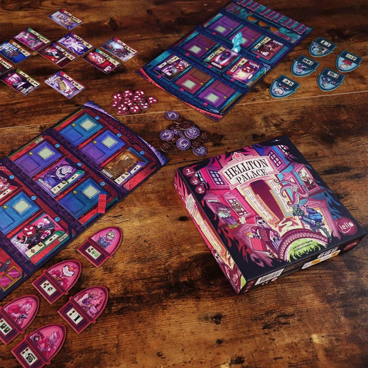 ボードゲーム Hellton Palace ヘルトンホテル ベルホップ管理 ゲスト満足度 戦略的 二人用 ゲーム 冥界テーマ 最後に負ける 独特 設定 ホテル経営 シミュレーション スティクス川 エリュシオンの野 フィールドゲーム 英語版 日本語説明書なし