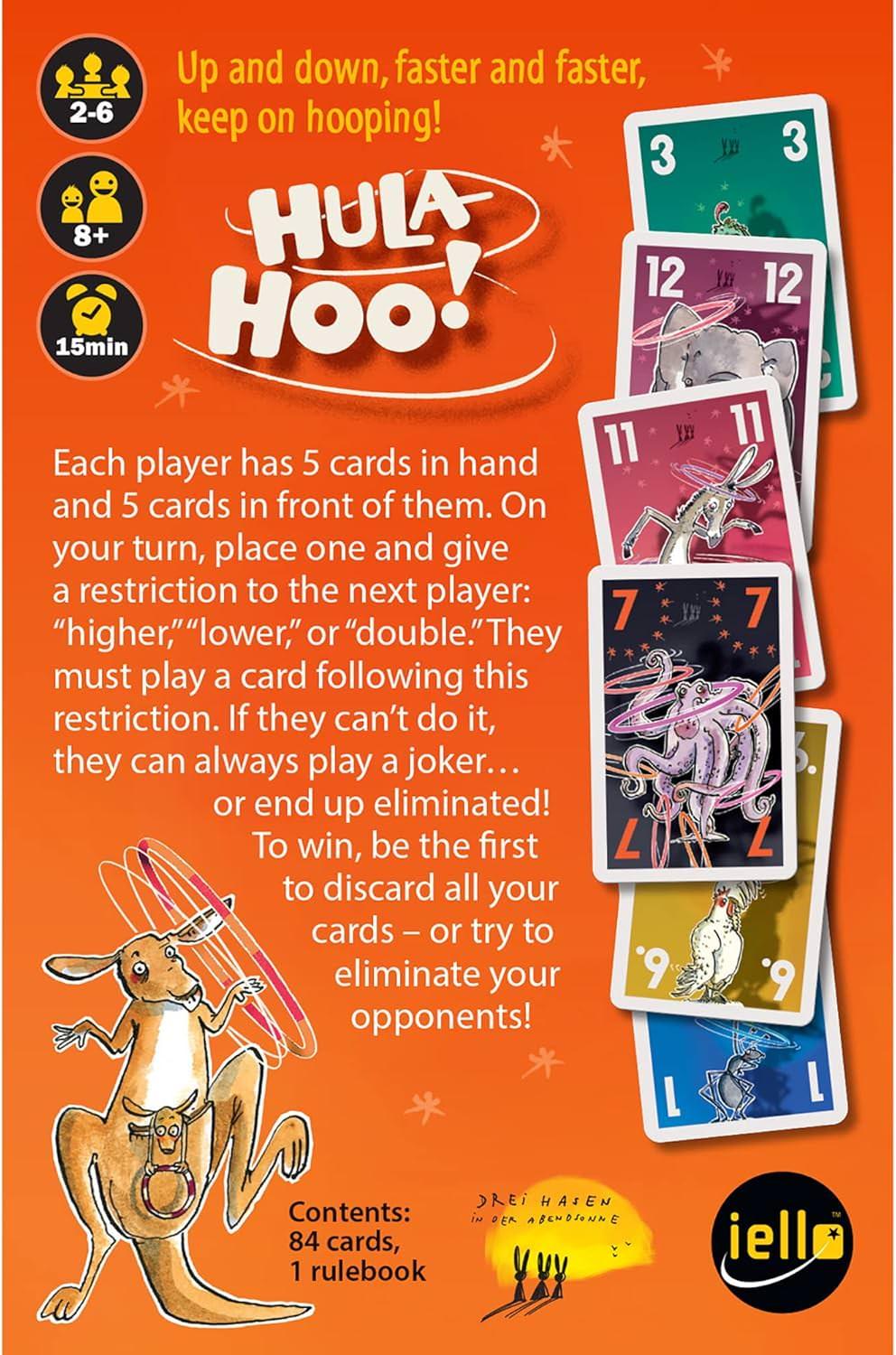 カードゲーム Hula Hoo IELLO Cards 2022年発売 2から6人対応 8歳以上対象 プレイ時間約15分 ジョーカー使用可能 ダブル宣言ルール ジャックルールあり 複数ラウンド制 ポイント獲得制 プレイヤー脱落ルール特徴 