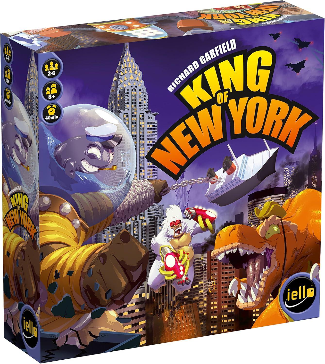 ボードゲーム King of New York モンスター バトル Richard Garfield 巨大モンスター ニューヨーク 支配 5地区 地理的設定 戦略的 要素 建物破壊 パワーカード プレイ人数2から6人 約40分 プレイ時間 拡張ルール英語版 日本語説明書なし