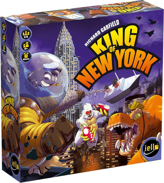 ボードゲーム King of New York モンスター バトル Richard Garfield 巨大モンスター ニューヨーク 支配 5地区 地理的設定 戦略的 要素 建物破壊 パワーカード プレイ人数2から6人 約40分 プレイ時間 拡張ルール英語版 日本語説明書なし