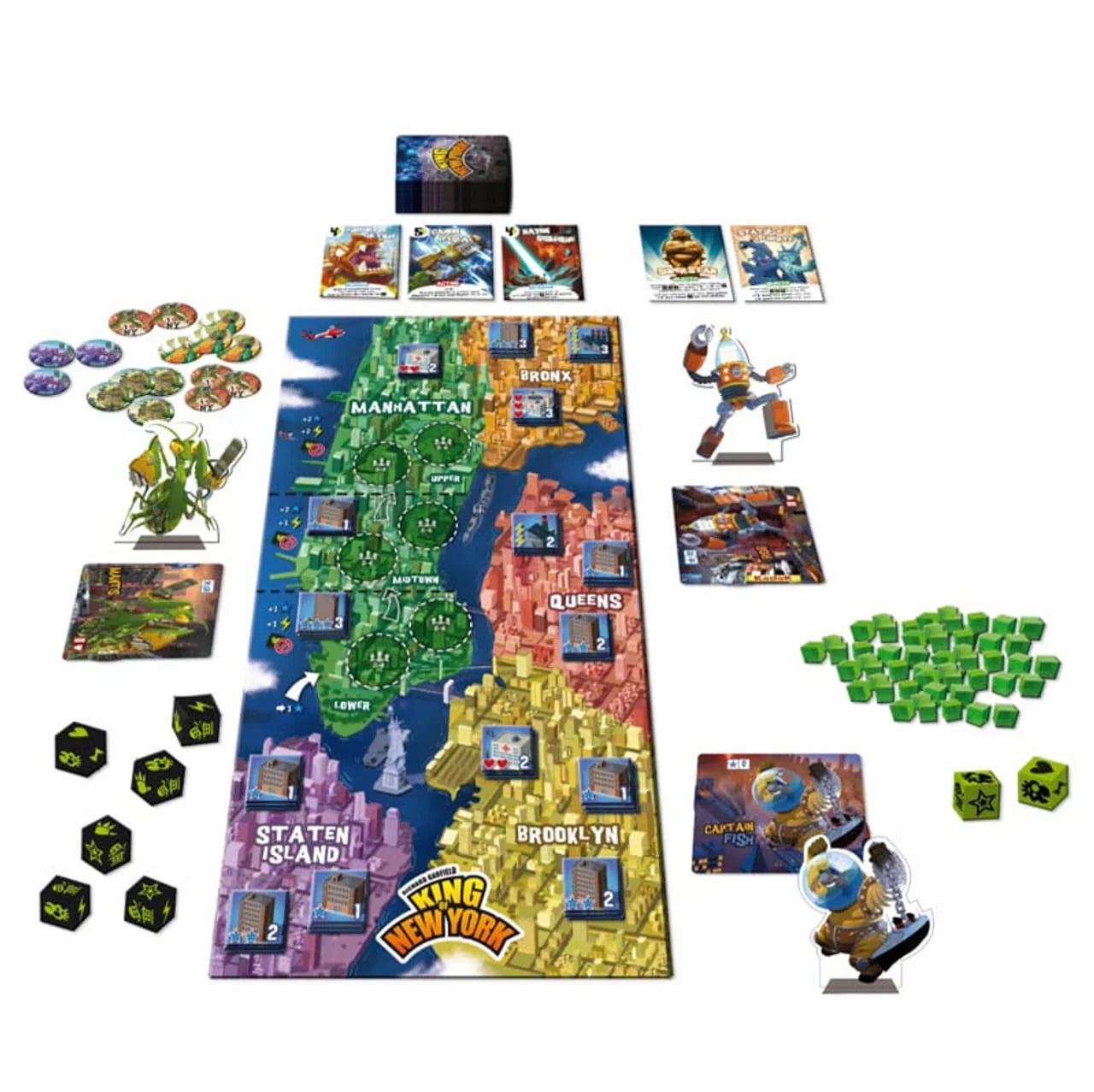 ボードゲーム King of New York モンスター バトル Richard Garfield 巨大モンスター ニューヨーク 支配 5地区 地理的設定 戦略的 要素 建物破壊 パワーカード プレイ人数2から6人 約40分 プレイ時間 拡張ルール英語版 日本語説明書なし
