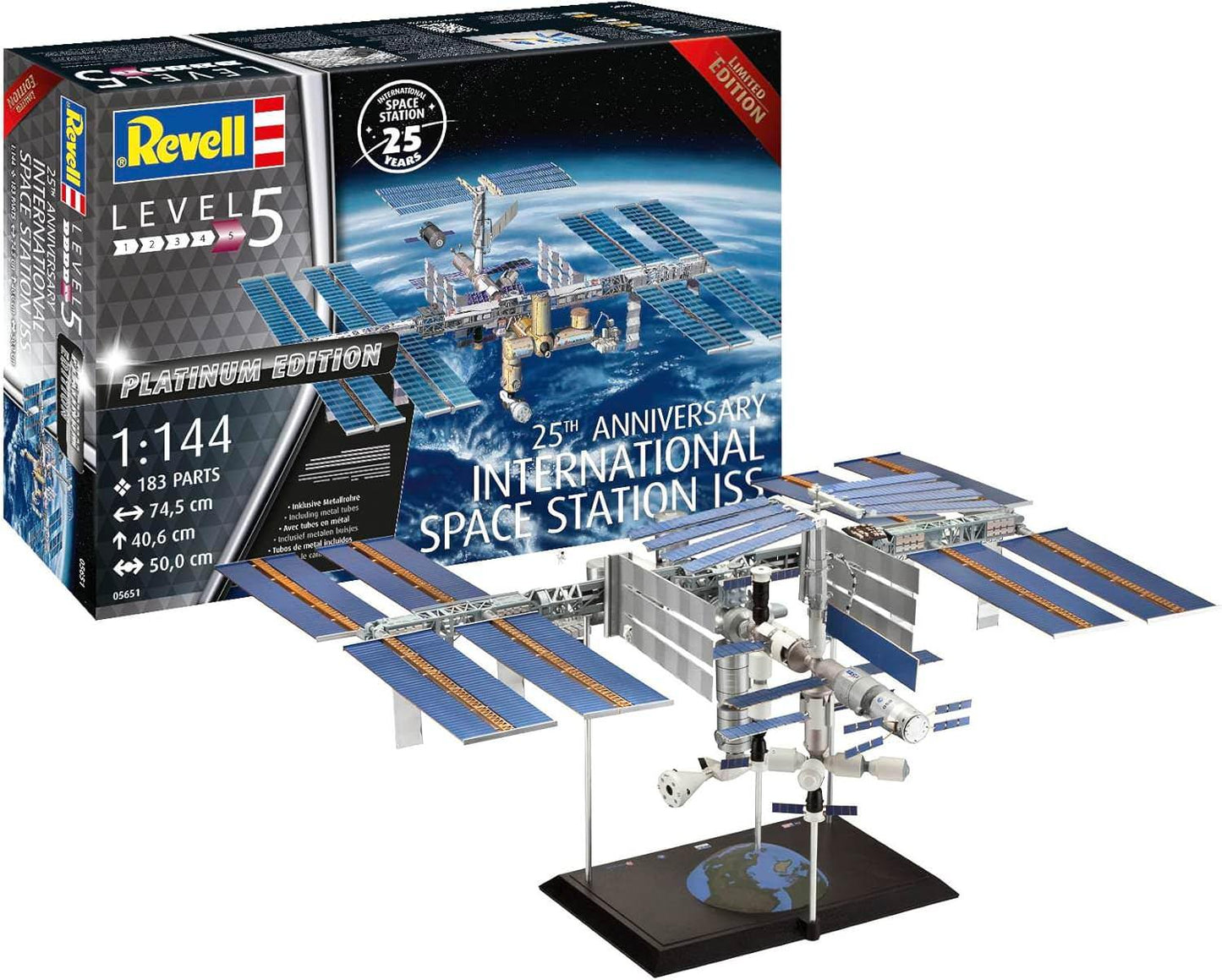 プラモデル 国際宇宙ステーション ISS 05651 Revell プラチナエディション ギフトセット 精巧な183パーツ 1対144スケール アルミ製角棒丸棒付属 可動ソーラーパネル 3体宇宙飛行士フィギュア ソユーズ宇宙船搭載 ロボットアーム3本