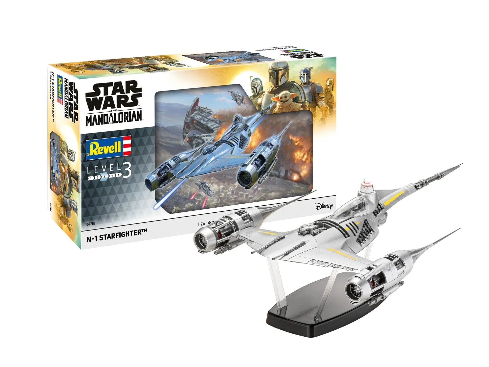 プラモデル スター・ウォーズ マンダロリアン N1スターファイター 1:24スケール Revell 06787 精巧な77パーツ組み立てモデル クロームメッキ機体 透明コクピット 開閉可能 ディスプレイスタンド付属 骨組み外観 改造再現