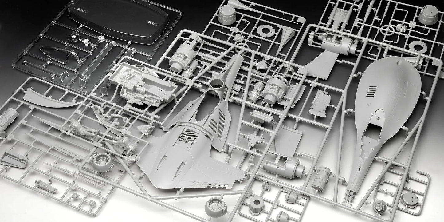 アウトレット品 プラモデル スター・ウォーズ マンダロリアン N1スターファイター 1:24スケール Revell 06787 精巧な77パーツ組み立てモデル クロームメッキ機体 透明コクピット 開閉可能 ディスプレイスタンド付属 骨組み外観 改造再現