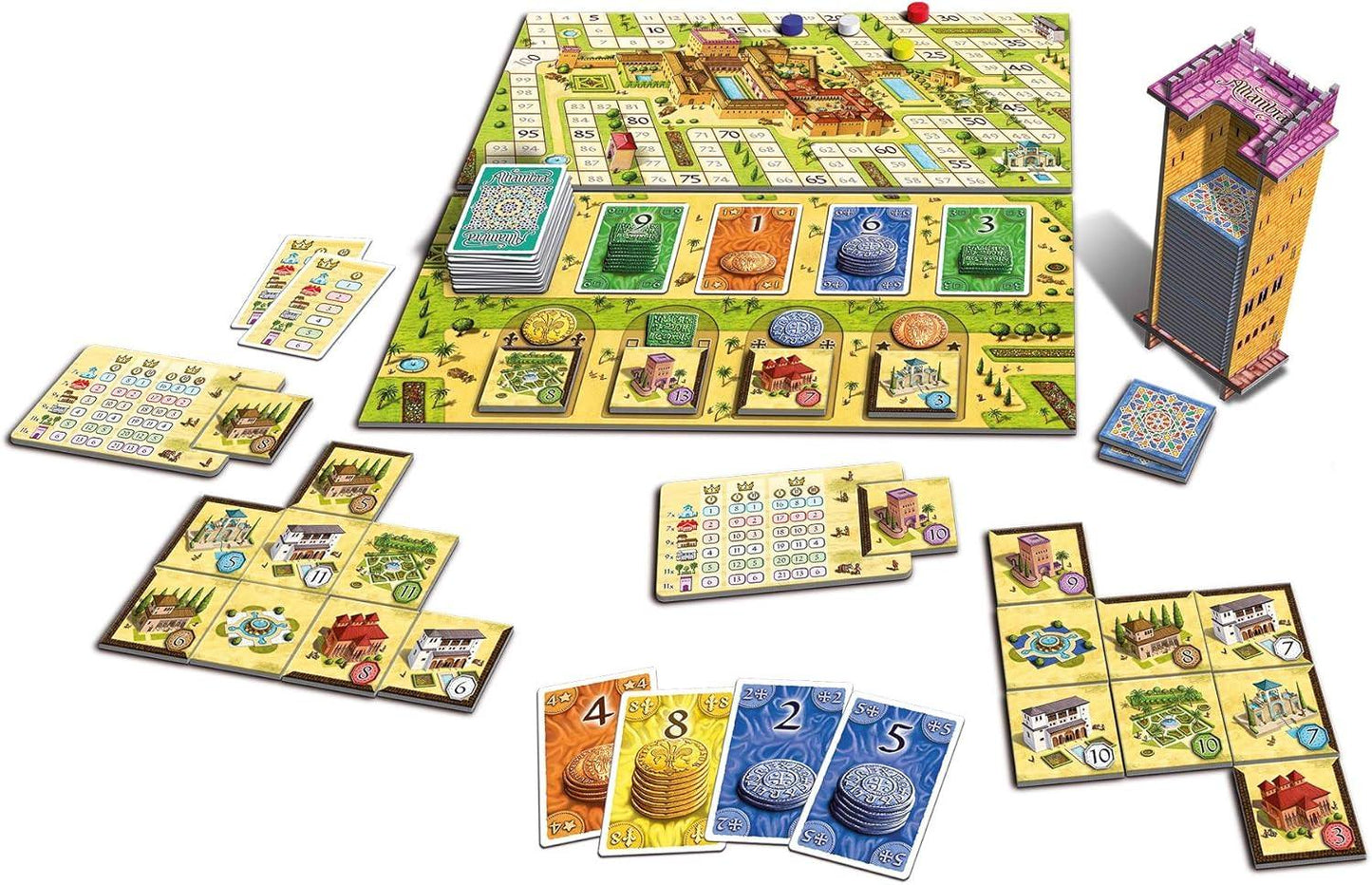 ボードゲーム アルハンブラ 改訂版 アルハンブラ 高品質部品 グレードアップルール 美しいイラスト 戦略性重視 独特の経済システム 4種類の通貨使用 6種類建物タイル配置 45分プレイ 2-6人対象年齢8歳以上 最高建築家競う 
