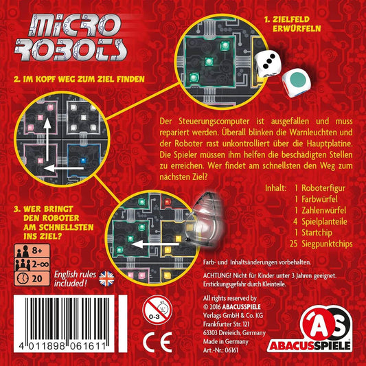 ボードゲーム Micro Robots アブカスシュピーレ 2名対応 20分完結 制御コンピュータ修理 論理パズル 故障ロボット操作 最短経路発見 勝利ポイント チップ多数 ソロプレイ可 上級ルール対応 Ricochet Robots互換 