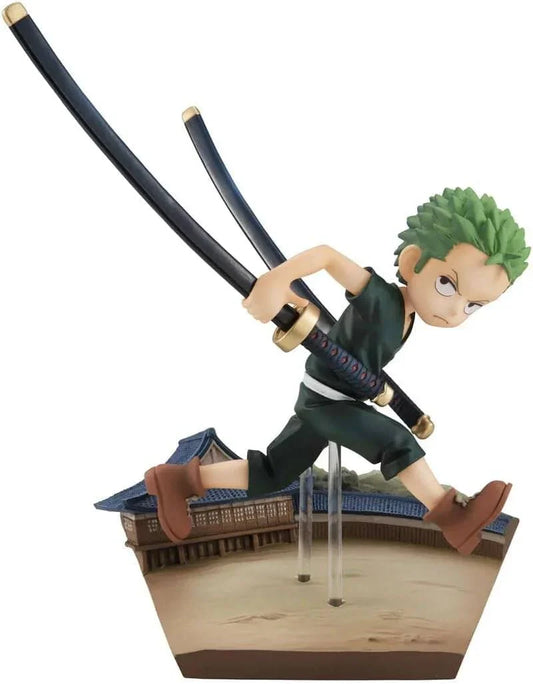 フィギュア ONE PIECE ロロノア・ゾロ 少年時代フィギュア 追憶の疾走 メガハウス G.E.M.シリーズ PVC ABS 素材使用 軽量 安定感 ボールジョイント仕様 首可動 多角度表情再現 シモツキ村モチーフ 情景再現 三刀流剣士の原点 矜持