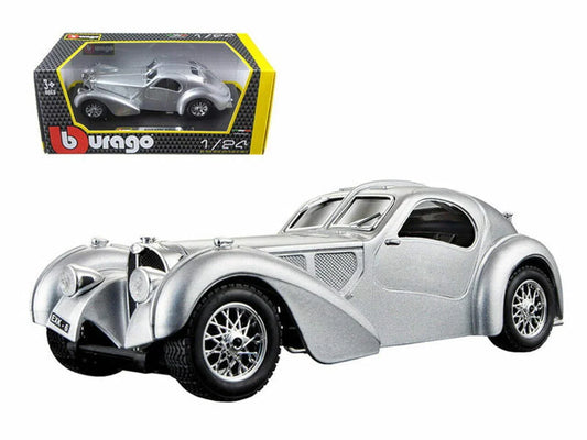 ミニカーブガッティ アトランティック シルバー 1/24 ブルガロ 高品質ダイキャストモデル 開閉可能ドア ボンネット 精密流線型ボディライン リベットディテール シルバーカラー 歴史的名車伝説的スーパーカー