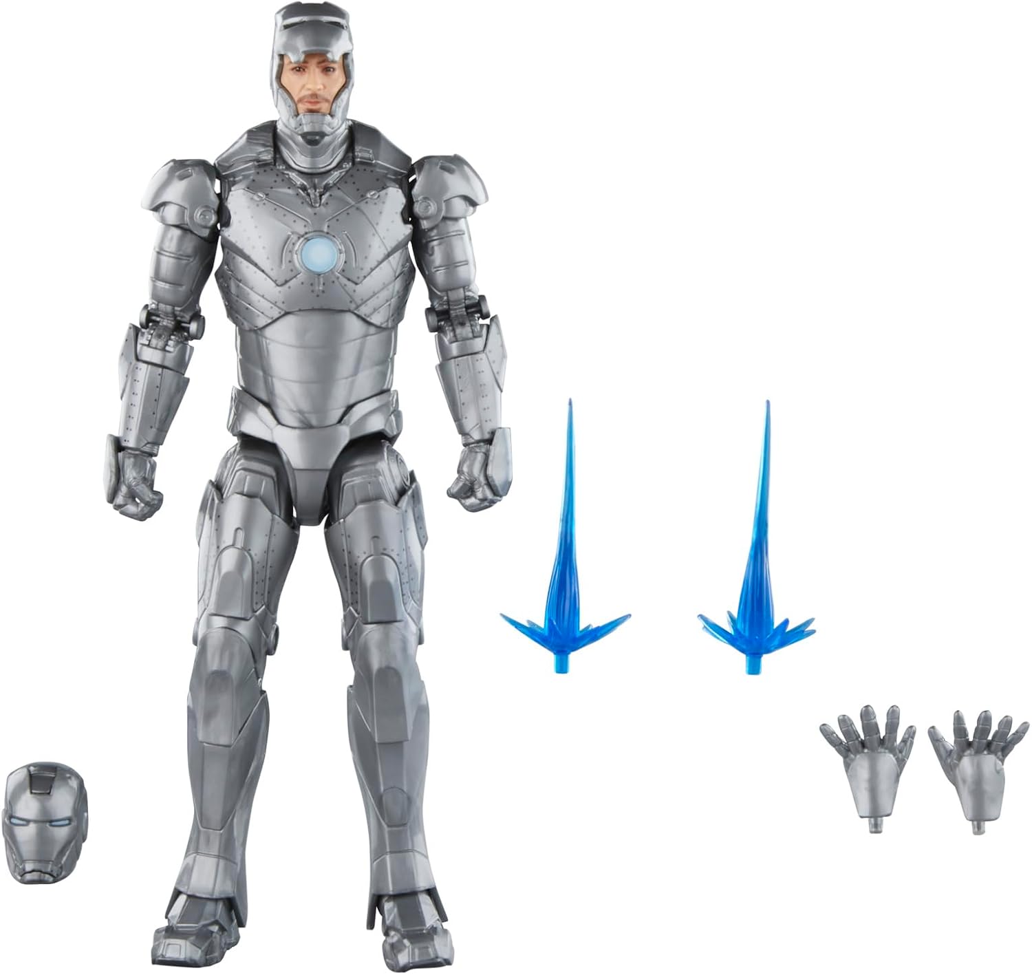 アクションフィギュア アイアンマン・マーク2 ハズブロ マーベル・レジェンドシリーズ 15センチ 可動 メタリックシルバー MCU プロトタイプアーマー 交換用ヘッドパーツ リパルサーブラスト エフェクトパーツ トニー・スターク
