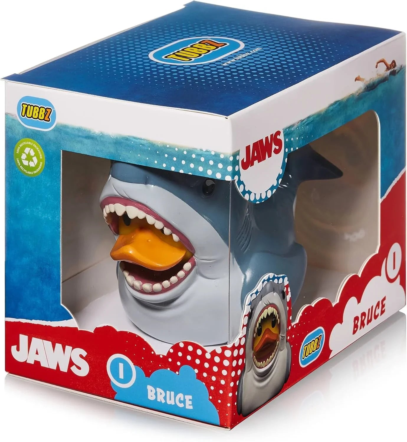 フィギュア ジョーズ ブルースザーク アヒル型フィギュア TUBBZシリーズ 高品質ビニール素材 耐久性優れたコレクターズボックス付き ユニークデザイン 鋭い歯 大きな口 背びれ 忠実再現 映画ファン向け 並行輸入品