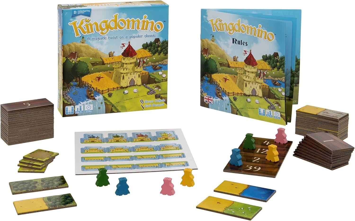 ボードゲーム Kingdomino キングドミノ ドミノを進化させた王国建設ゲーム 戦略的に地形を配置し得点を競う4つの3Dキャッスル48枚ドミノ木製キングトークン付き ゲーム時間約15分対象年齢8歳以上 プレイ人数2から4人 英語版 日本語説明書なし