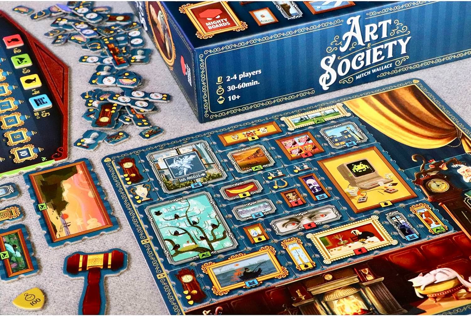 ボードゲーム Art Society アートソサエティ Mighty Boards社 戦略的 オークション タイル配置 19世紀後半 ヨーロッパ 芸術愛好家 邸宅 絵画 装飾品 収集 名声 アートコレクション 2人から4人 30分から60分 14歳以上