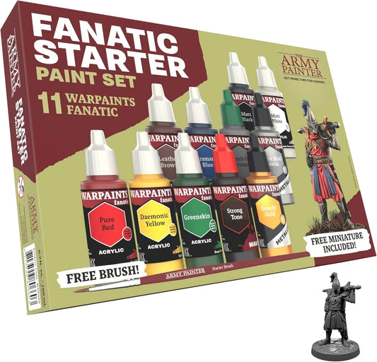 ミニチュアペイント WARPAINTS FANATIC STARTER SET The Army Painter 高発色 高密度顔料 速乾性 アクリルカラー7色 メタリック2色 ウォッシュ1色 ブラシオンプライマー1色 ミニチュアフィギュア1体 ブラシ1本付 初心者向け 塗装ツール 並行輸入品