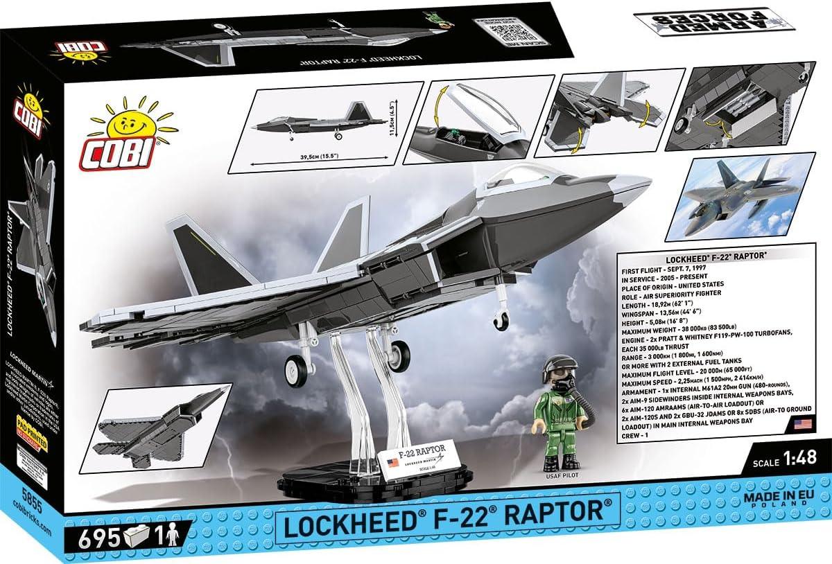 プラモデル Lockheed F-22 Raptor Cobi 世界最高峰 ステルス戦闘機 ブロックモデル 1 48スケール 695ピース 開閉式爆弾倉 コックピット搭乗フィギュア 飛行状態展示対応 専用ディスプレイスタンド付き 高品質ABS樹脂 高精細再現 並行輸入品