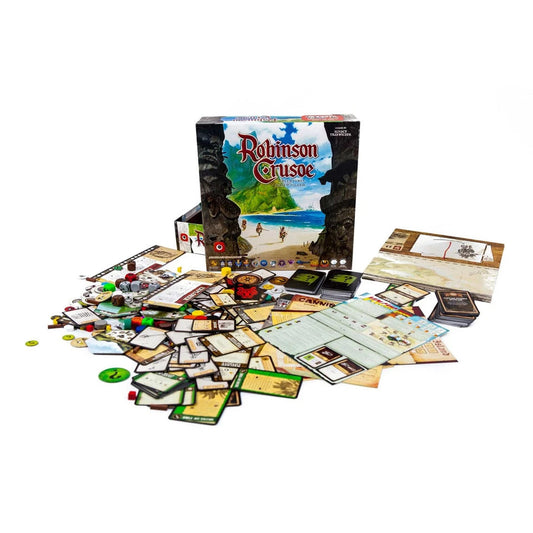 ボードゲーム ロビンソン・クルーソー 呪われた島の冒険 コマンドスリル 協力型サバイバルゲーム ロビンソン・クルーソー 豊富なカード コンポーネント 戦略的資源管理 イベント満載 高い再現性 四人キャラクター 英語版 日本語説明書なし