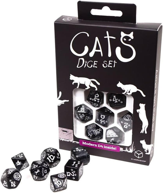 テーブルトップRPG ダイスセット Q-Workshop CATS Modern 7-Dice Set Waffle 夜空漆黒グリッターダスト輝く猫モチーフ彫刻マットシルバー猫足跡猫日常仕草猫小道具猫テーマ個性豊か 最高面猫リラックスポーズ 不思議な力英語版 日本語説明書なし