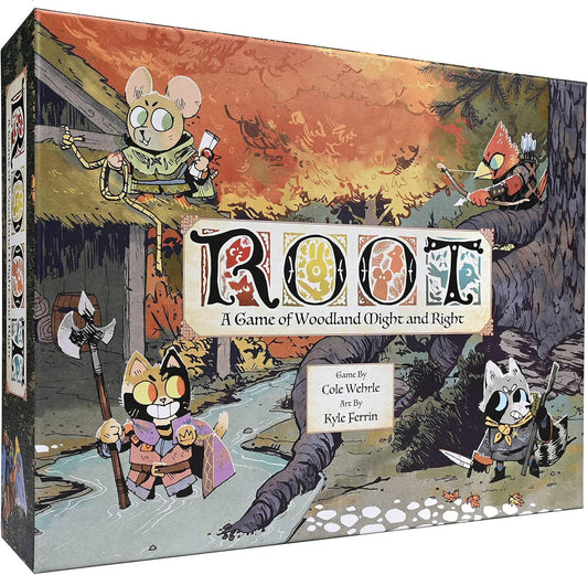 ボードゲーム Root: A Game of Woodland Might and Right ルート：森の覇権をめぐる冒険と戦争 非対称デザイン 2-4人用 60-90分 14歳以上 猫侯爵 鷲族王朝 ウッドランド同盟 放浪者 勝利条件 戦略ゲーム ストーリー性 勢力ボード 英語版 日本語説明書なし