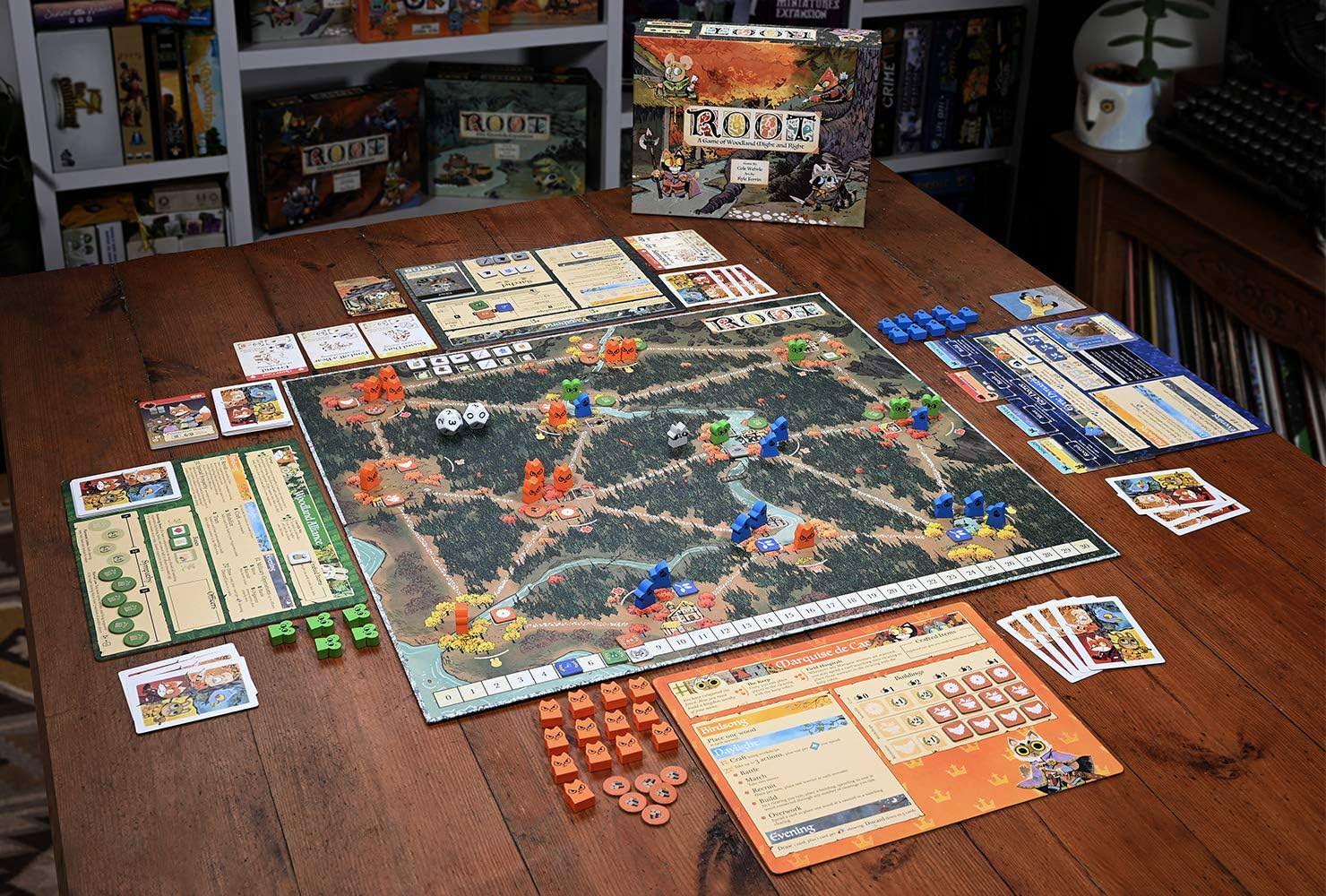 ボードゲーム Root: A Game of Woodland Might and Right ルート：森の覇権をめぐる冒険と戦争 非対称デザイン 2-4人用 60-90分 14歳以上 猫侯爵 鷲族王朝 ウッドランド同盟 放浪者 勝利条件 戦略ゲーム ストーリー性 勢力ボード 英語版 日本語説明書なし