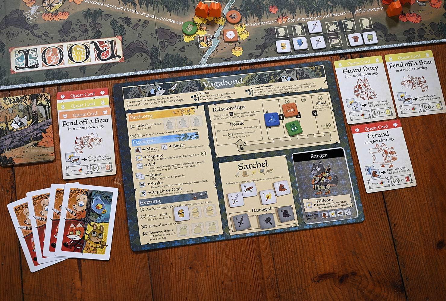 ボードゲーム Root: A Game of Woodland Might and Right ルート：森の覇権をめぐる冒険と戦争 非対称デザイン 2-4人用 60-90分 14歳以上 猫侯爵 鷲族王朝 ウッドランド同盟 放浪者 勝利条件 戦略ゲーム ストーリー性 勢力ボード 英語版 日本語説明書なし