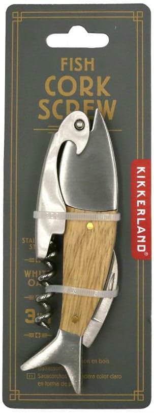 コルクスクリュー Kikkerland ライトウッド フィッシュ ワインオープナー 魚型デザイン 多機能コルク抜き ホイルカッター付き ステンレススチール製 木製ハンドル コンパクト 軽量 持ち運びやすい 約130g ユニークで実用的な３WAY仕様