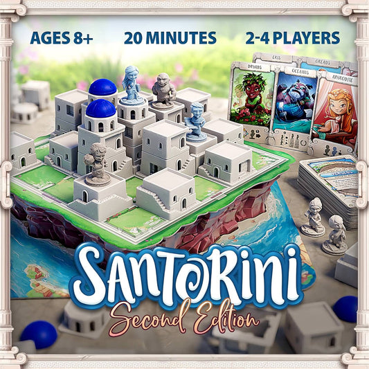戦略ボードゲーム サントリーニ 第2版 Santorini Second Edition Roxley 2人から4人 約20分 8歳以上 40種類神々英雄能力カード シンプルルール 奥深い戦略性 アブストラクトゲーム 建設者 白壁建物 移動建設 リプレイ性