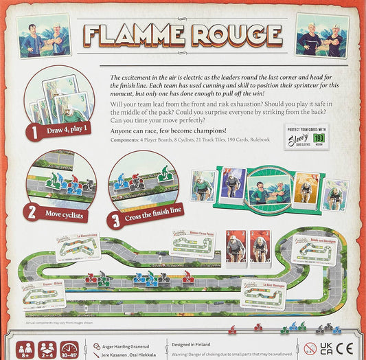 ボードゲーム Flamme Rouge フラムルージュ ルーラーとスプリントゥールによる戦略的自転車レース 2-4人プレイ可能 プレイヤーボード8選手モデル両面トラックタイル使用可 疲労管理とスリップストリーム活用による駆け引き 英語版 日本語説明書なし