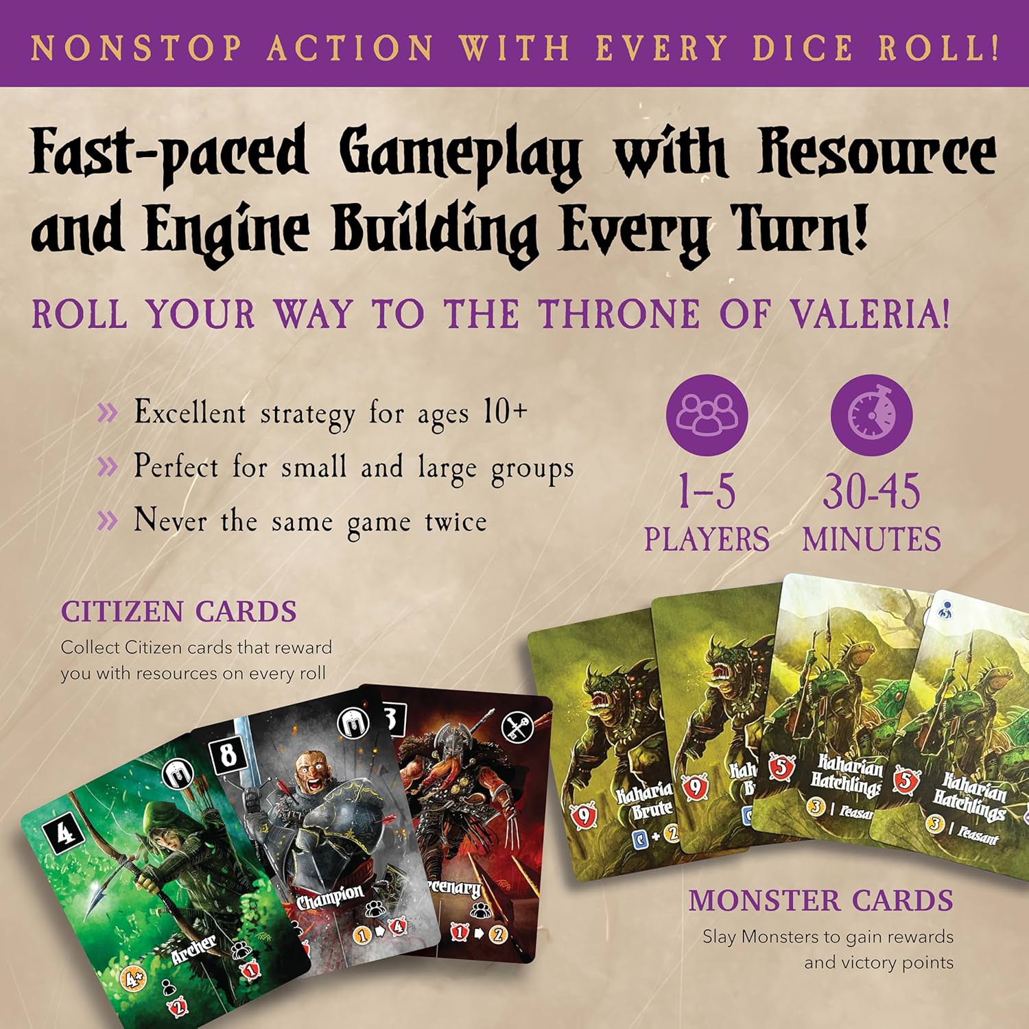 カードゲーム Valeria Card Kingdoms ヴァレリア カードキングダム Daily Magic Games ファンタジー 戦略 ダイス タブロービルディング 1人から5人 30分から45分 13歳以上 市民雇用 モンスター討伐 領地建設 資源獲得 王座 公爵 統治者 勝利点